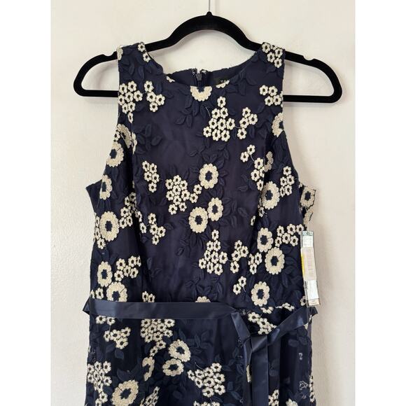 NWT Tahari Navy Blue Floral Embroidered Tea Length High Low Dress Size 8 - Picture 6 of 10